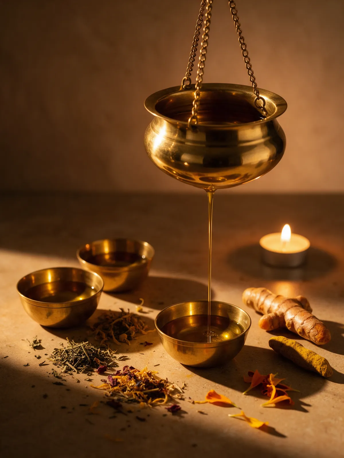Warm herbal oil pouring from a brass vessel