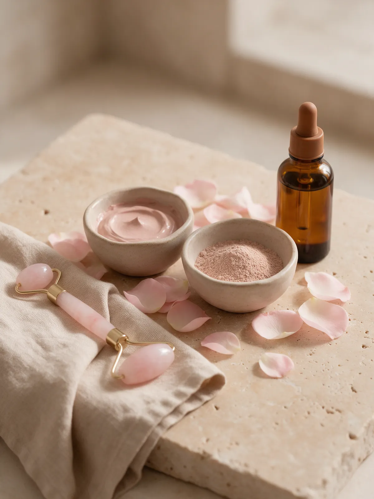 Rose clay, herbal face powder, rose petals and a jade roller on travertine