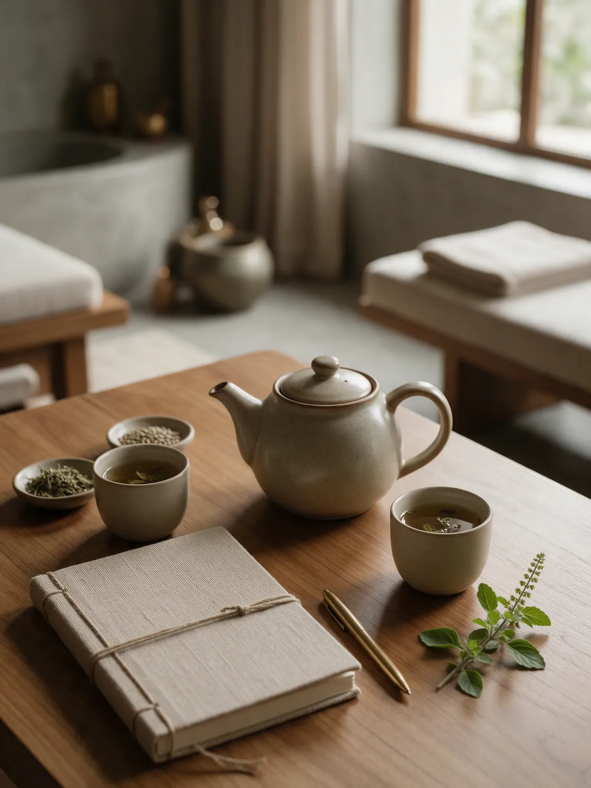 Herbal tea, a linen notebook and dried herbs on a consultation table