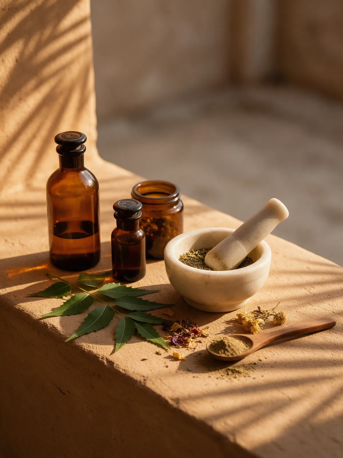 Amber bottles, a mortar and pestle and fresh herbs on warm stone