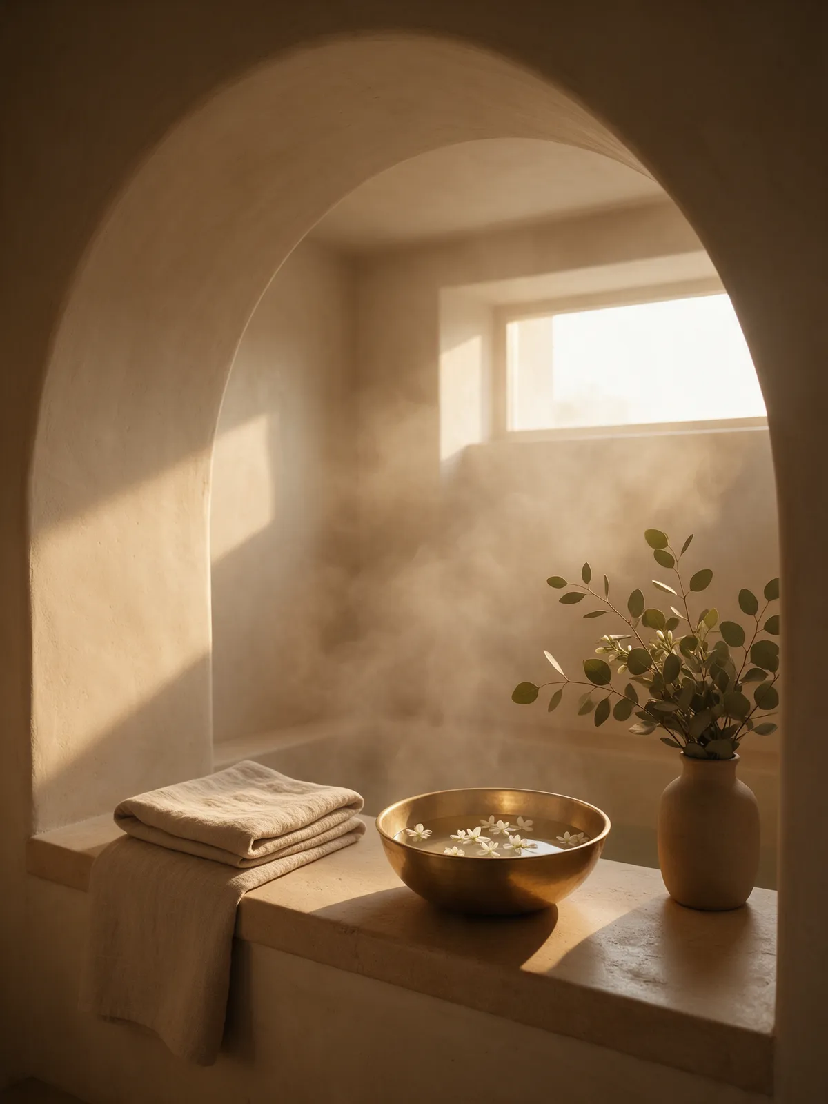 A limewashed stone alcove with warm water, jasmine and linen in soft golden light