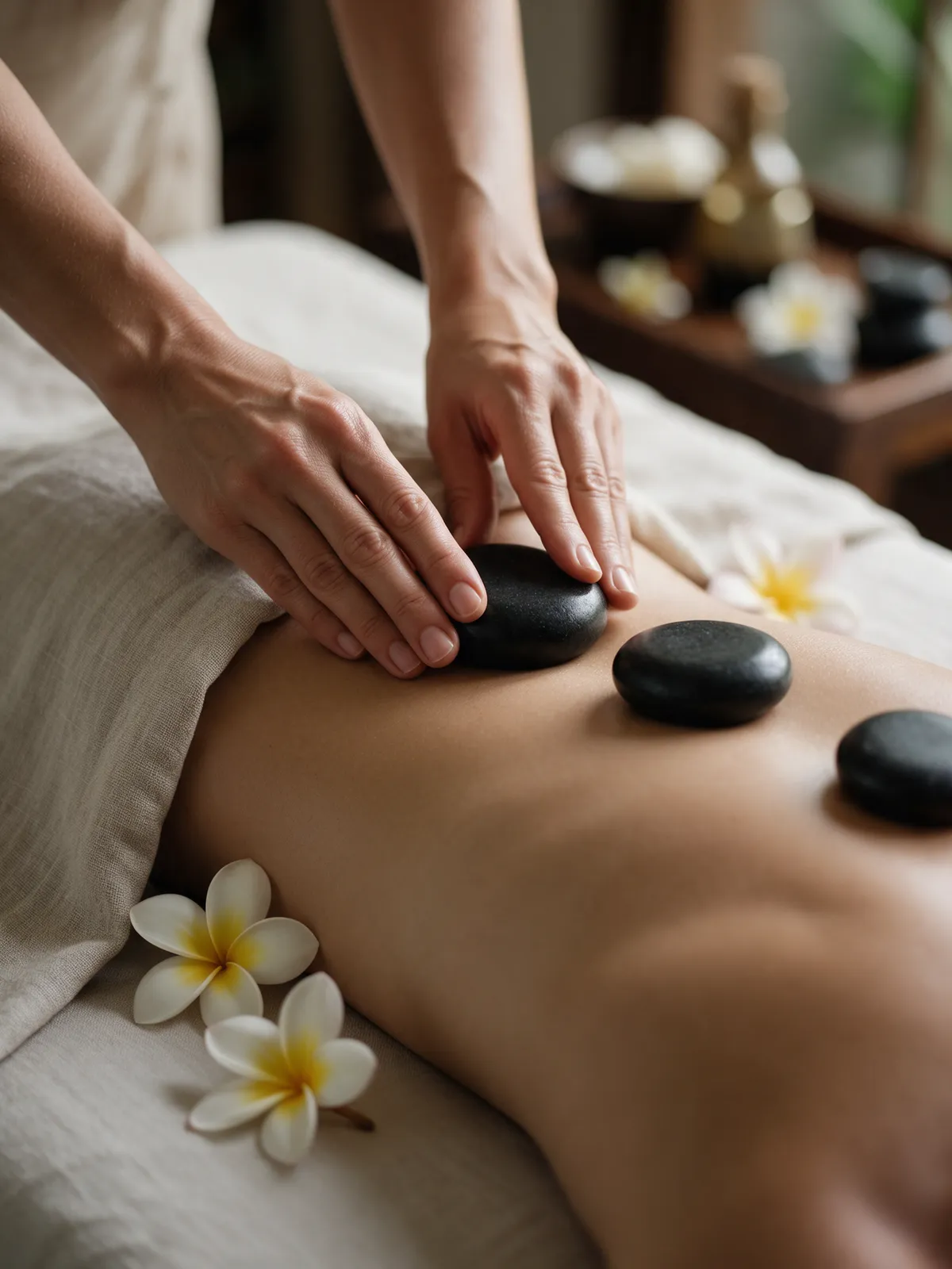 A therapist placing warm stones along a relaxed back