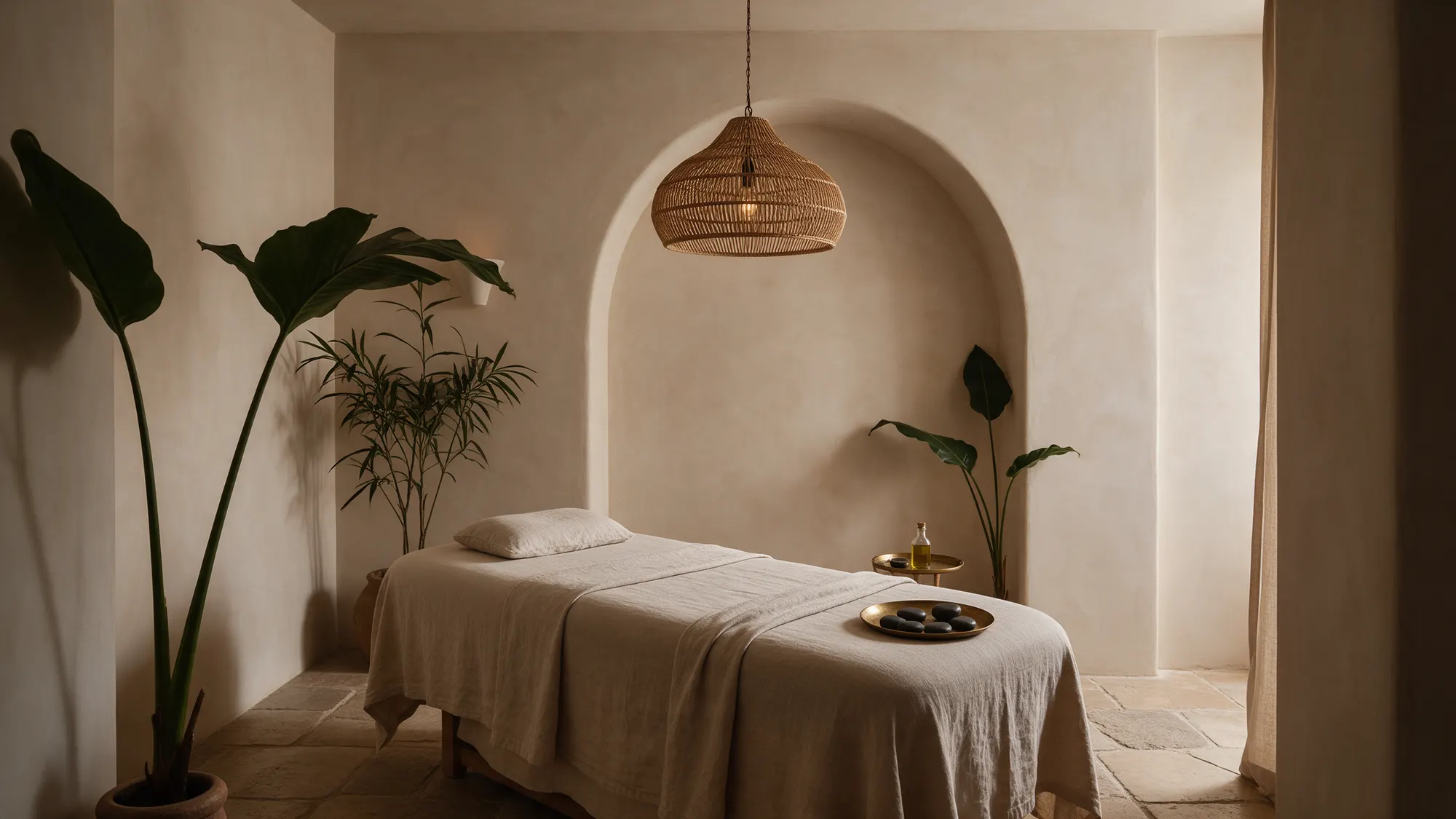 A calm treatment room with a linen-dressed bed, an arched niche and warm stones
