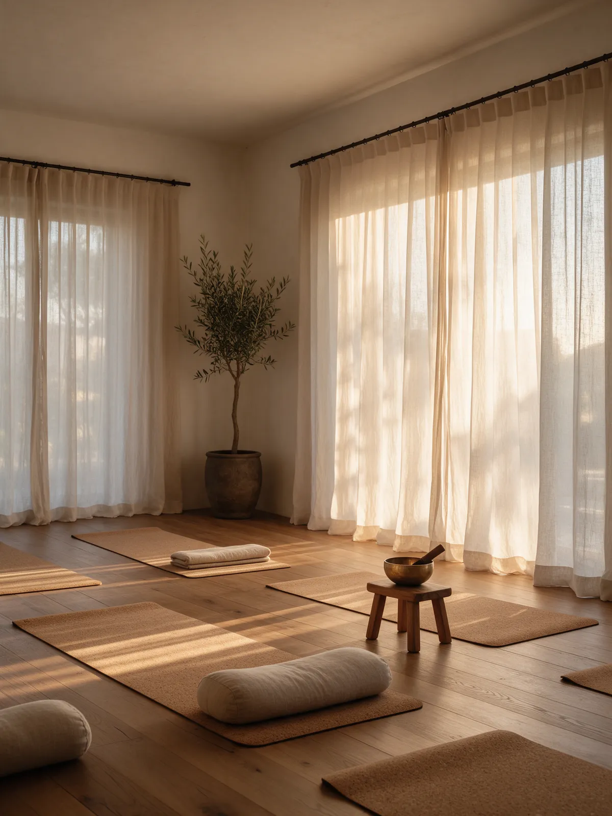 A sunlit yoga studio with cork mats, linen bolsters and a brass singing bowl